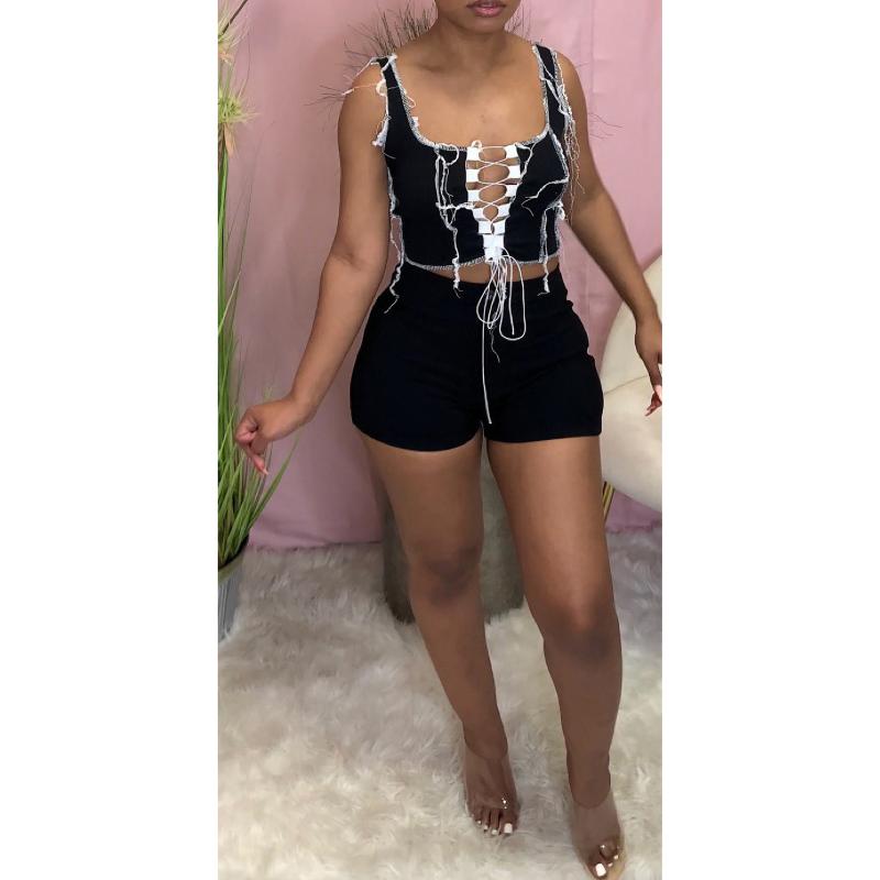 

Women' Tracksuits 2022 Cross Bandage High Street Set Sexy Young Tank Sleeve Short Pants Skinny Women 2 Piece WearWomen, Black