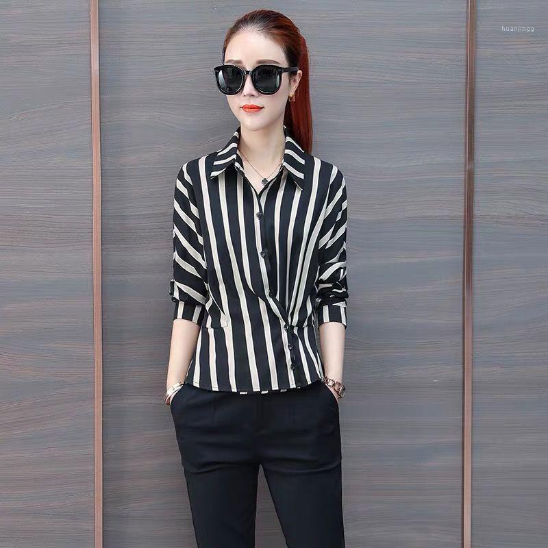 

Women's Blouses & Shirts Single-breasted Striped Chiffon Shirt Femal Long-sleeved Button Decoration Loose Fashion Temperament Women Spring A, Beige