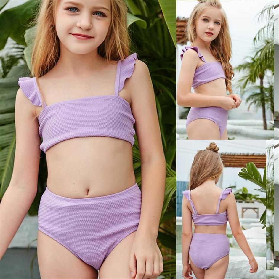 

One-Pieces Girls Swimwear Kids Holiday Cute Solid Ruffles Bikini Set Two Piece Swimsuit Bathing Suit Fatos De Banho 2021190h, Purple