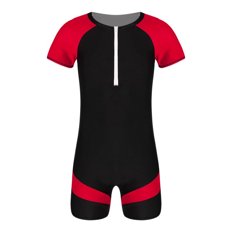 One-Piece Suits Swimwear Mens Swimsuit Round Neck Short Sleeves Swimming Jumpsuit Front Zipper Patchwork Swim Bodysuit Bathing SuitOne-Piece