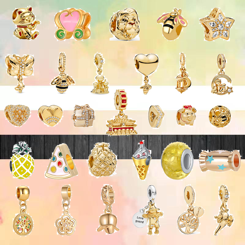 

925 bracelet charms for Pandora charm set Original box Gold Color Lucky Cat Candy Lion Cheese Cake Ice Cream European Bead necklace charms jewelry