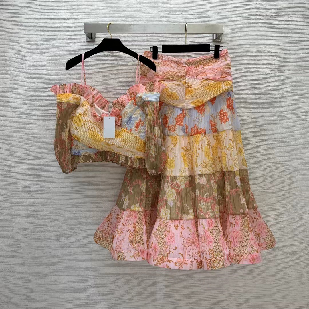 

Two Piece Dress 2022 Summer Auntumn Slash Neck Lantern Sleeve Tops And For Womens Fashion Print Skirts 2 Pieces Sets 0506-3, Picture color