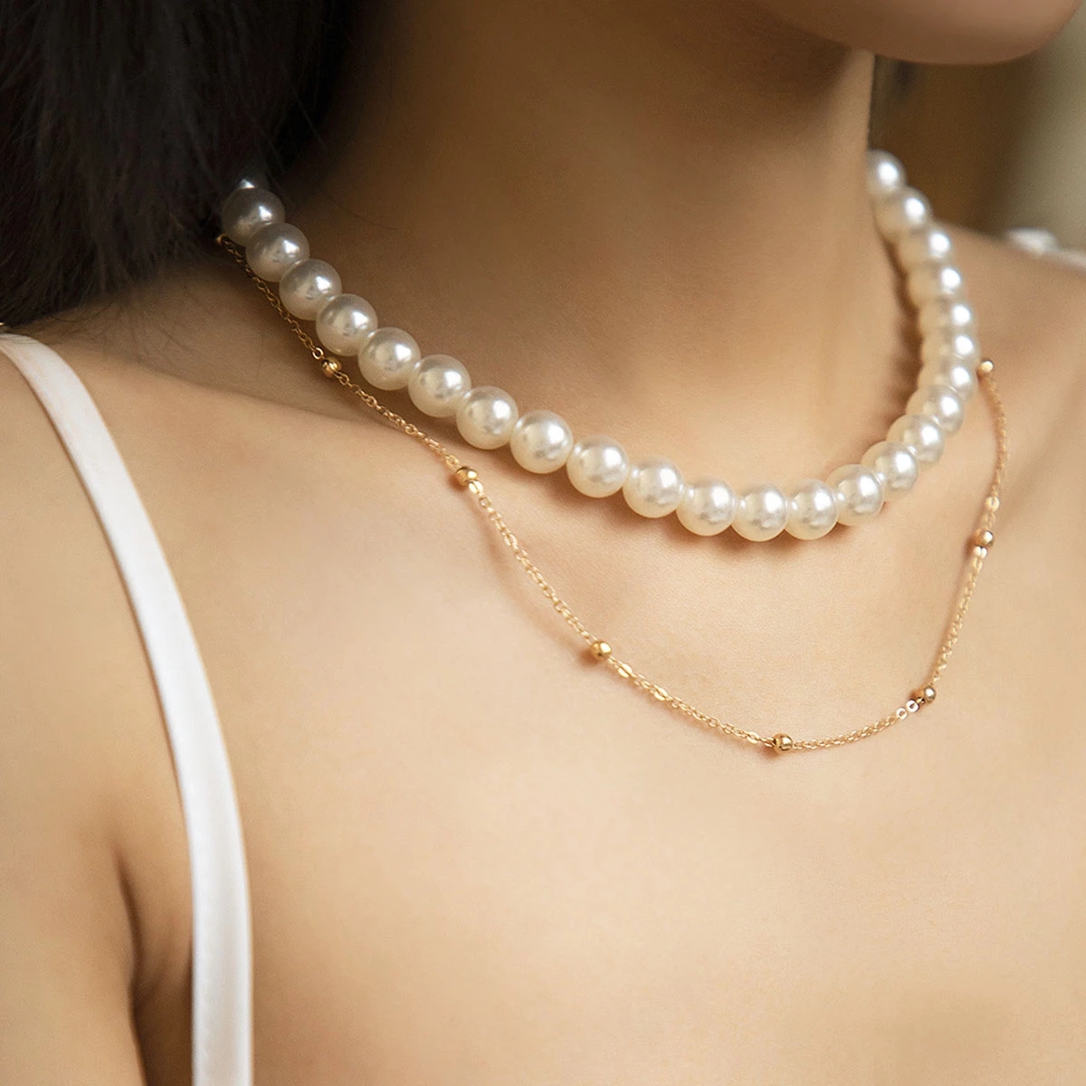 

Retro Imitation Pearl Beaded Clavicle Necklace Boho Fashion Simple Copper Bead Fine Multilayer Necklaces Girl Wedding Jewelry