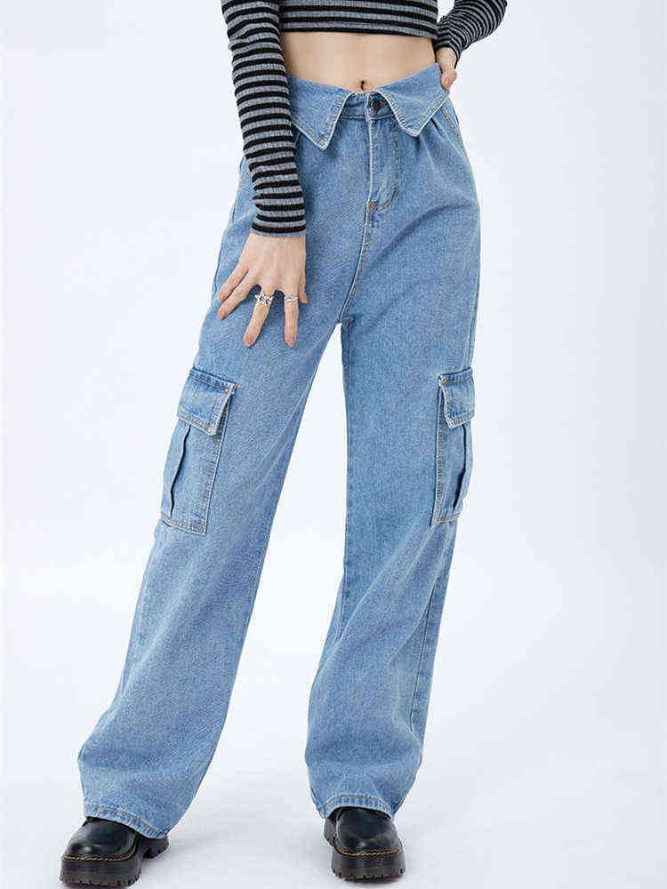 

Light Blue Lapel Cargo Jeans Womens Summer American Design Multiple Pockets Street Style Straight Wide-leg Denim Trousers Female T220728