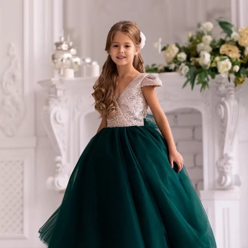 

New Sequin V-neck Cape Sleeves Wedding Flower Girl Dresses Peacock Green Backless Children Birthday Party Gown, Same as image
