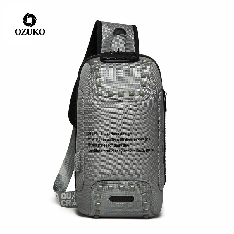 

Wholesale ozuko brand leather shoulder bags outdoor sports fitness leisure chest bag lightweight wear-resistant rivet backpack anti-theft series men handbag, Dark grey-9283