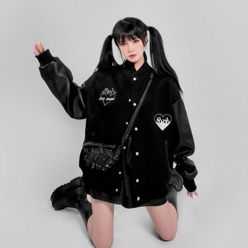 

Women' Jackets QWEEK Gothic Black Baseball Women Y2K Punk Oversized Faux Leather Patchwork Coat 2022 Autumn Fashion Outwear