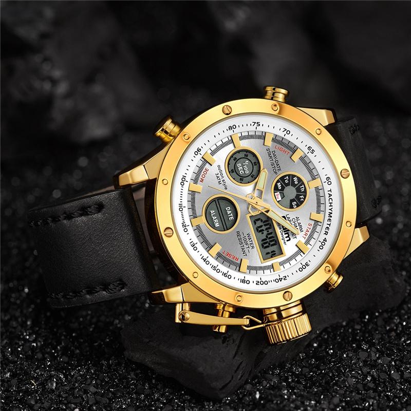 

Oulm Sport Watches Men Top Brand Luxury Dual Display Waterproof Wristwatch Male Leather Luminous Hands Chronograph Watch, Color 2
