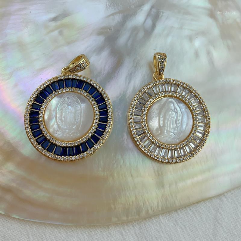Pendentif Colliers MOP Shell Métal Zircon Médaille Ronde Religieux Guadalupe Vierge Charmes Pendentifs Pour La Fabrication De Bijoux DIY Collier