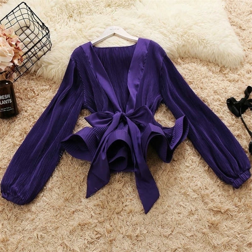 

DEAT Autumn Women Fashion V-neck Office Lady Lace Up Bow Decoration Ruffle Lantern Long Sleeve Chiffon Shirt RC412 210709, Black
