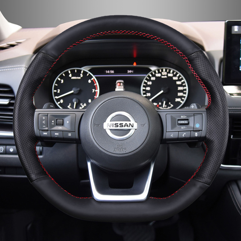 

For Nissan X-Trail 2021-22 DIY Hand Sewn Steering Wheel Cover Leather Carbon Fiber Handle Cover