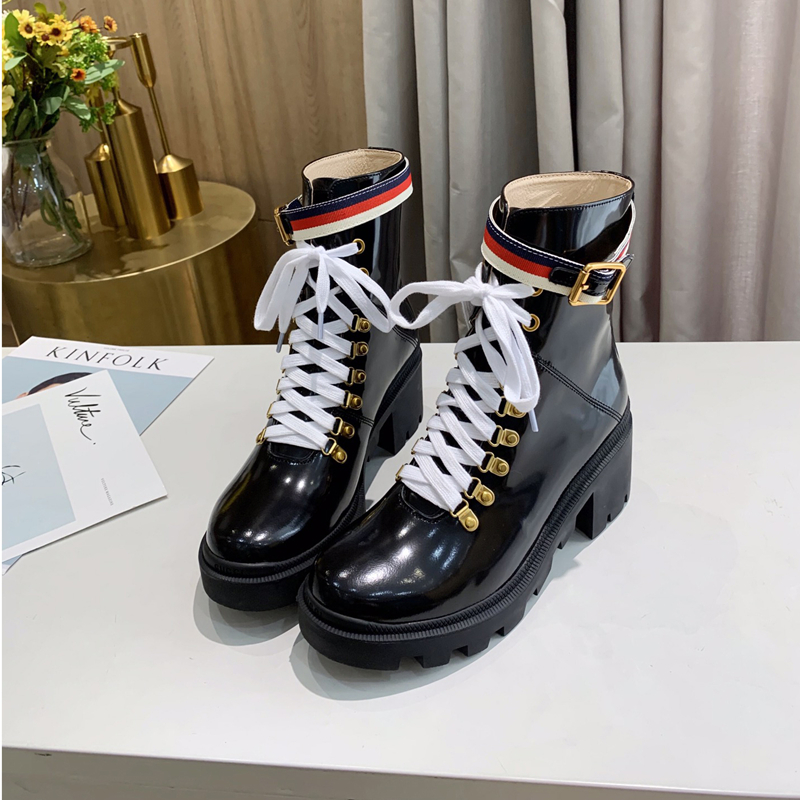 

Sylvie lace-up upholstered leather ankle boots with groove soles Biker chunky platform flats combat Boots low heel booties chains buckle women luxury designers