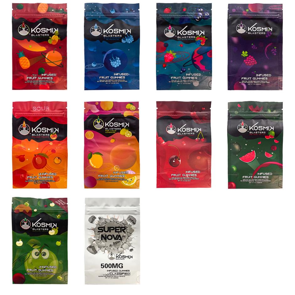 

500mg kosmik mylar bags berry blue raspberry kocoa komets pulsar peach fruit gummies candy bags smell proof zipper edible packaging bag