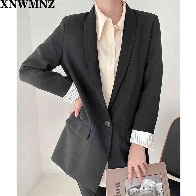 

Loose Fit Striped Cuff Spliced Big Size Suit Jacket Lapel Long Sleeve Women Coat Fashion Spring Autumn 210520, Black