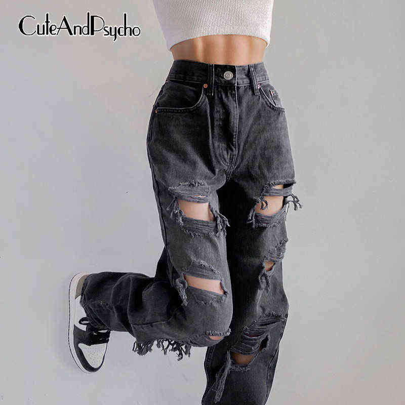 

Vintage Women Ripped Denim Jeans High Waist Grunge Korean Cargo Trousers Casual Aesthetic 90s Cute Pants Harajuku Cuteandpsycho T220728, Auburn