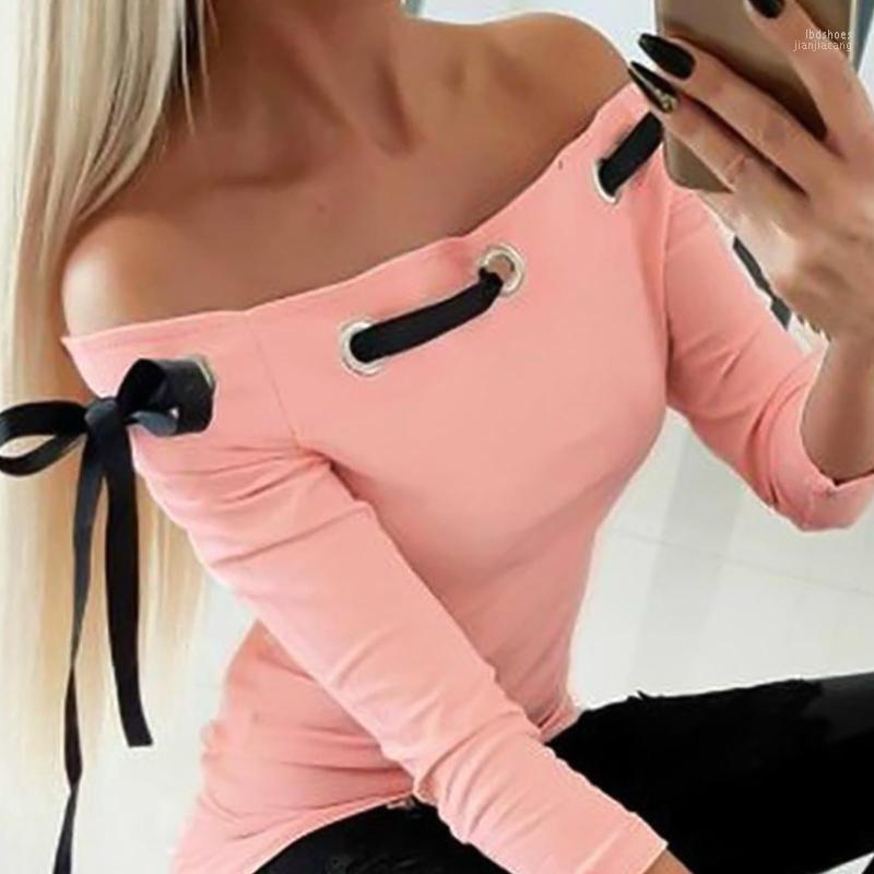 

Women' T-Shirt Women Sexy Long Sleeve Off Shoulder Hollow Out Bowknot Bandage Slim-Fit, Pink