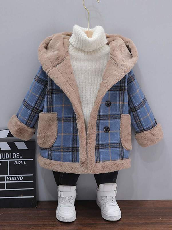 

Toddler Boys Plaid Teddy Lined Hooded Overcoat Without Sweater SHE, Blue