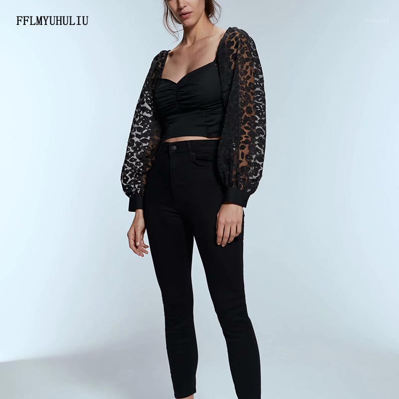 

Summer V-neck Mesh Stitching Long-sleeved Print Puff Sleeve Sexy Backless Pleated Short Women's Shirt Blouses & Shirts, Black