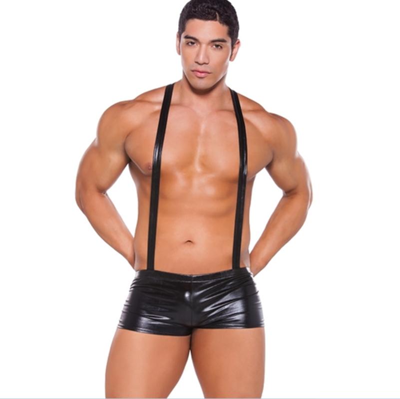 

Men's Pants Black Patent Leather Sexy Shorts For Men Wetlook Panties Braces Rompers Suspender Trousers Mens Strap Jumpsuit Night Club WearMe, As pic