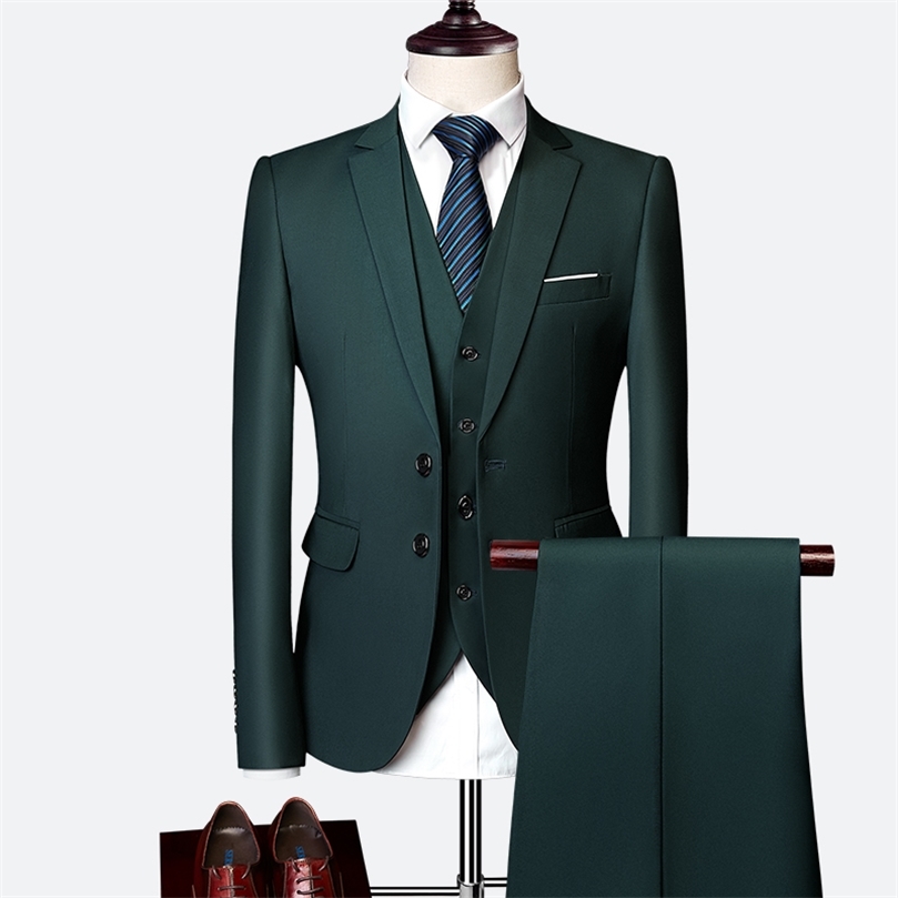 

Luxury 3 piece mens wedding suit fashion mens slim solid color business office suit sets large size men Blazer pants vest 220704, Dark green 2pcs