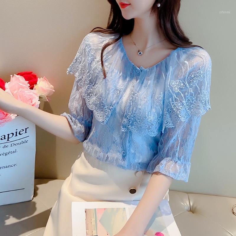 

Asia Fashion Women Lace Blouse Blue White Two Colors Short Sleeves With Inner Summer Girls Shirt Women' Blouses & Shirts