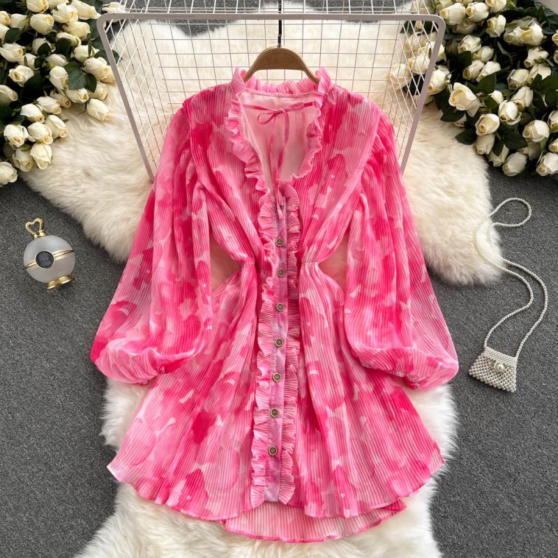 

Light Familiar Style Retro Print Dress Women's Spring New Puff Sleeve Fungus Collar Tie Waist Single-breasted Shirt Skirt 2022, Same as picture