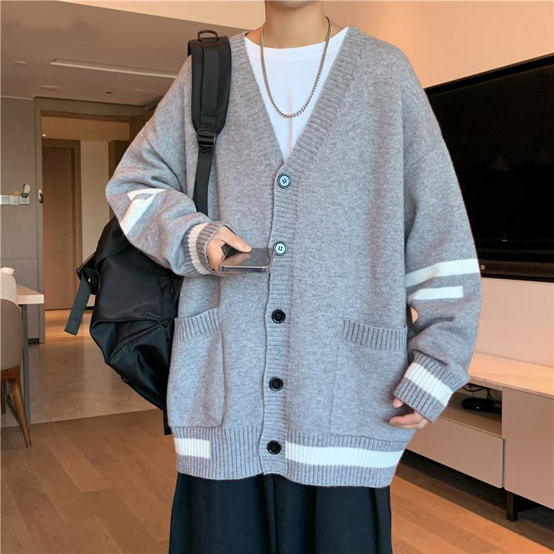 

Men's Sweaters Cardigan Men Loose Oversize V-neck Long Sleeve Single Breasted Knitted Outerwear Korean Style Striped Design Daily ChicMen's, Black