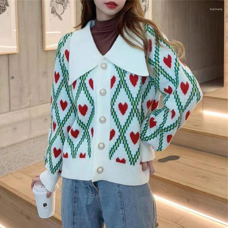 

Women's Knits & Tees Vintage Contrast Color Argyle Love Heart Jacquard Sweater Korean Chic Loose Cardigan Autumn 2022 Turn-down Collar Knit, White
