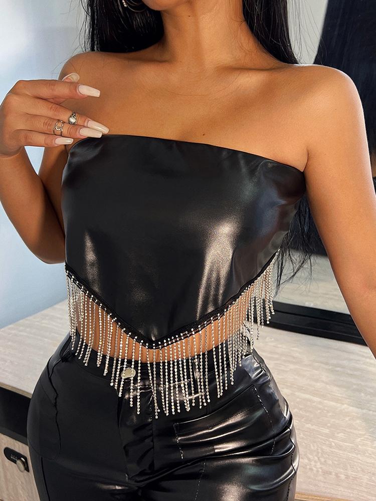 

Women' Tanks & Camis Sexy Rhinestone Fringed Tube Top Black Faux Leather Irregular Crop Rave Festival Outfit Women Club Wear ASVE85271Women