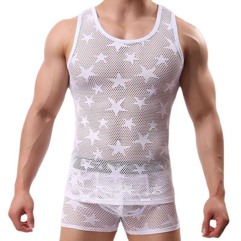 

Men' Tank Tops Mens Suit Sexy Hollow See-through Men Underwear Fishnet Man Vest Boxer 2pcs Sets Fitness Home Breathable Male Clothing, White;black