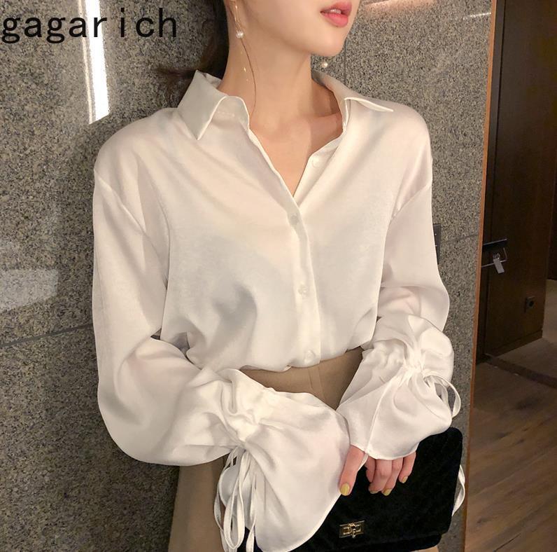 

Women's Blouses & Shirts Korean Chic Spring French Niche Drawstring Strap Design Trumpet Sleeve Temperament Lapel White Single-Breasted Slim