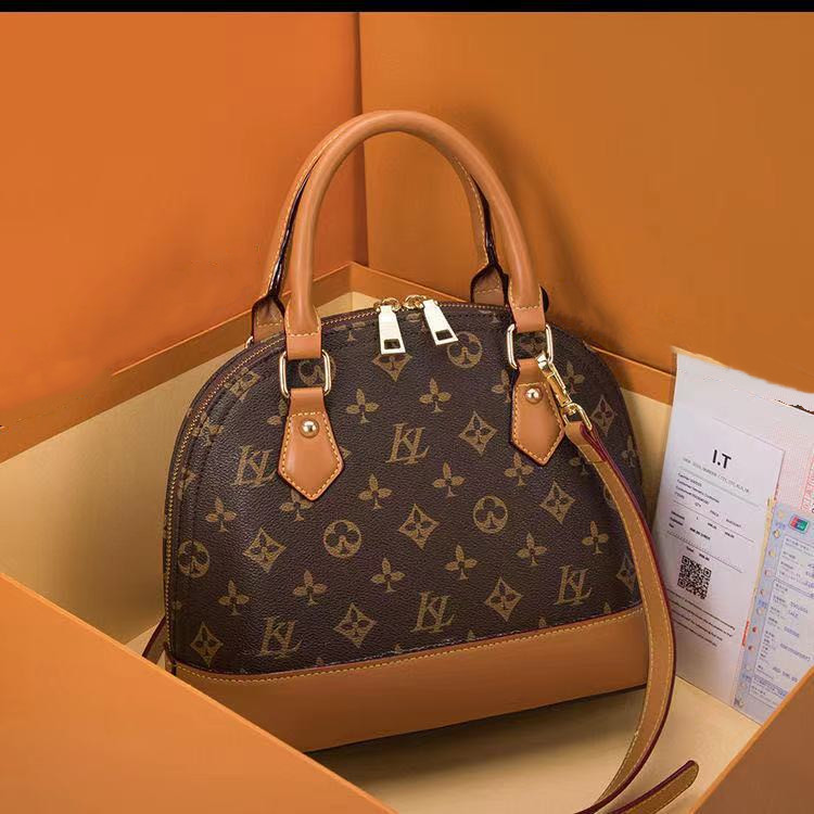 

Top Quality ALMA BB PM Shell Bag Women Genuine Leather Handbags Flower Embossed Shoulder Bags With Lock Designer Crossbody bag, Brown flower