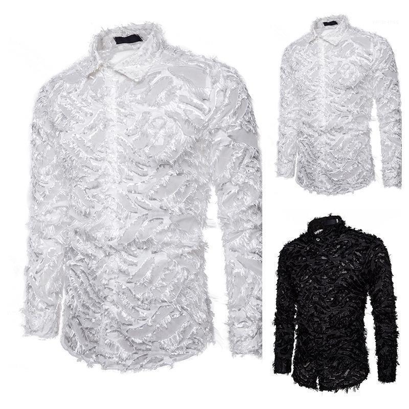 

Men' Casual Shirts Elegant Shirt Three-dimensional Feather Fabric Color Lapel Long-sleeved European Size Solid, Black
