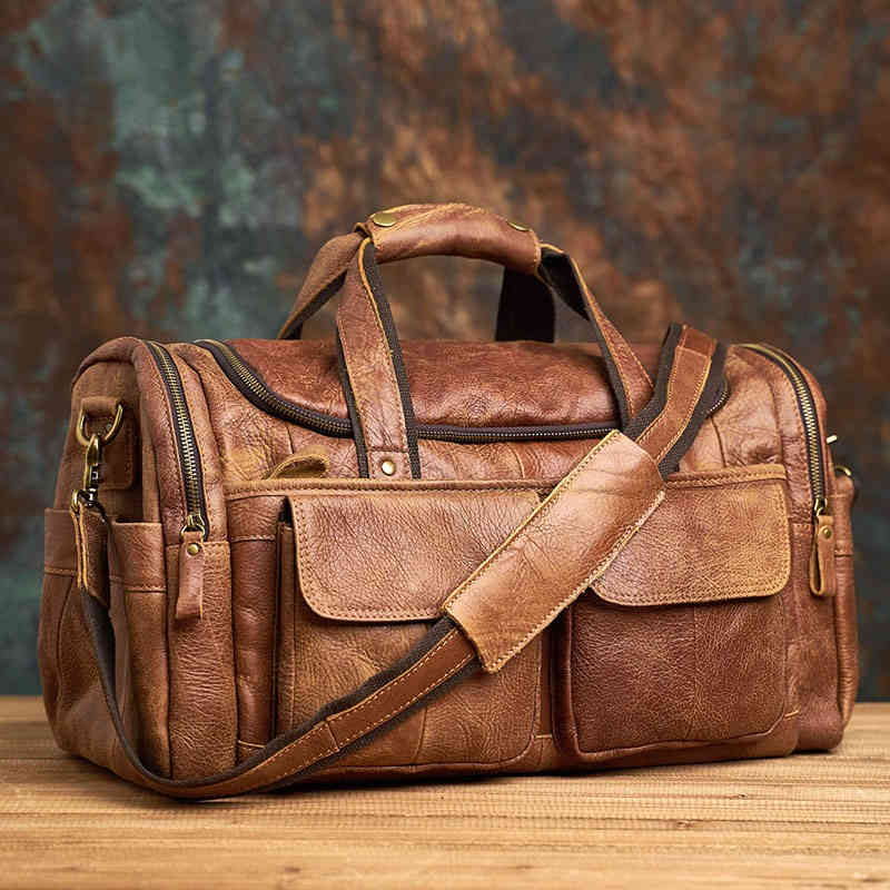 

Nasva Genuine Leather Retro Travel Bag Shoulder Messenger Casual Backpack Business Trip Large Capacity Luggage Bag Men's Handbag 220611, Brown