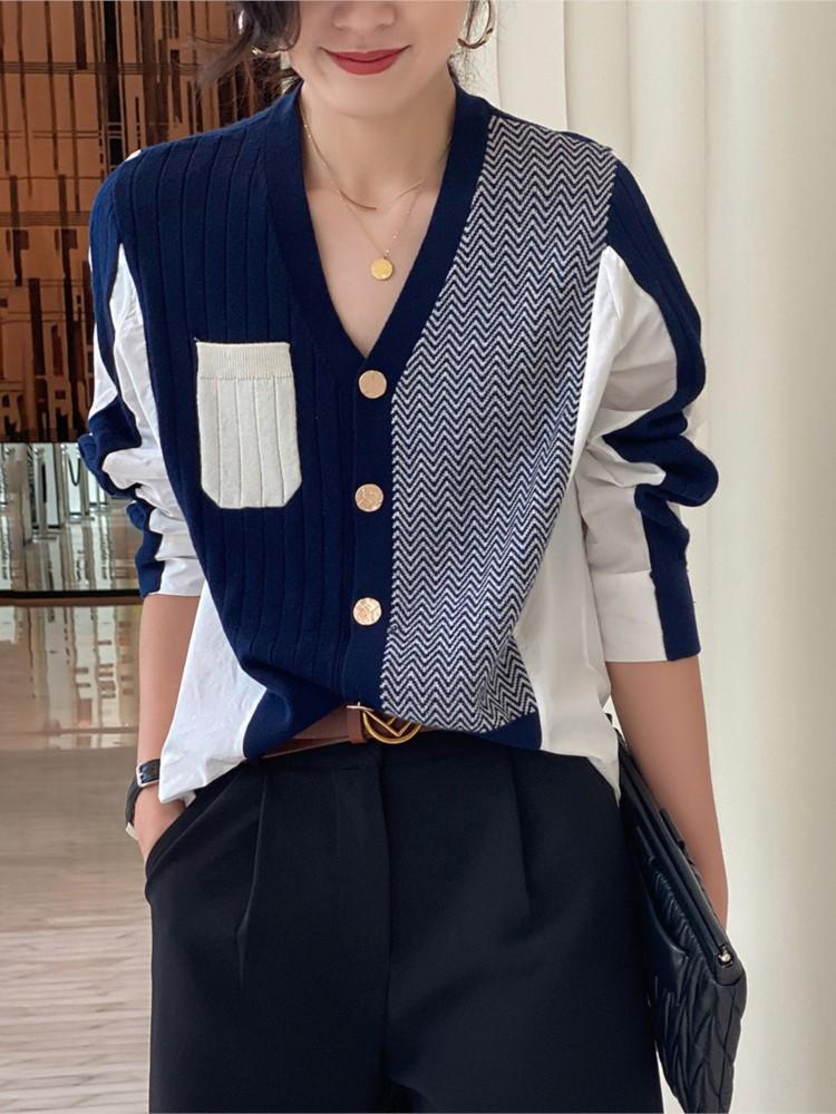 

Women's Knits & Tees Sweater Women Irregular Cardigan V-neck Long Sleeve Female Clothes Contrast Color Loose SweaterWomen's, Black