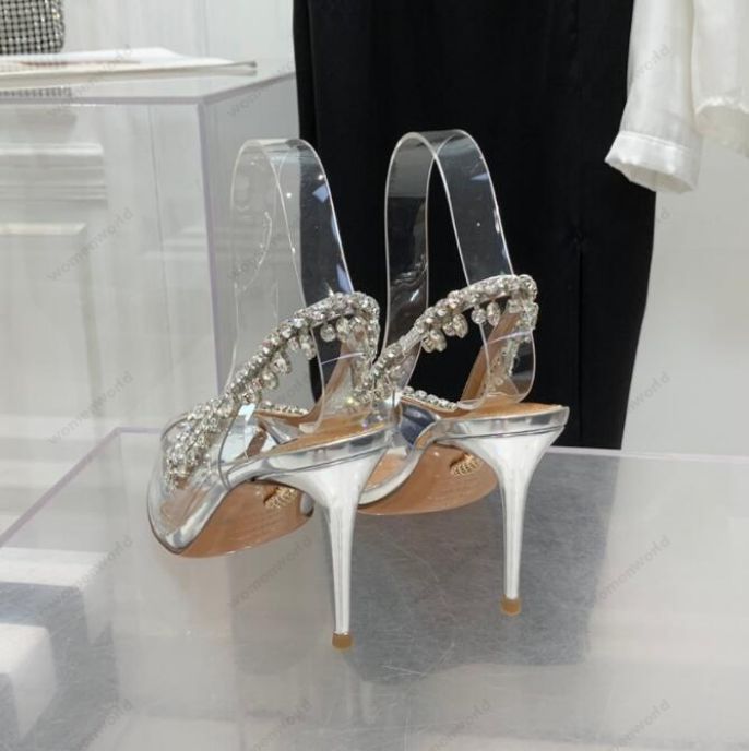 Designers chaussures de robe aquazzura femmes stiletto sandales à talons en satin strass de qualité embellie