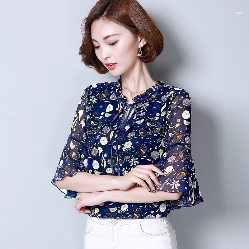 

Women' Blouses & Shirts Lady Printed Chiffon Blouse Spring Summer Shirt Half Sleeve Loose Flower Bottom Plus Size B9659, Blue