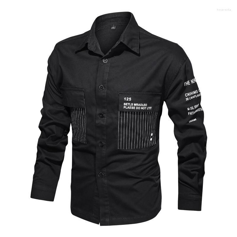 

Men's Casual Shirts Mens Shirt Army Style Slim Fit Button Down Military Cargo Dress With Letter PrintMen's Hora22, Black