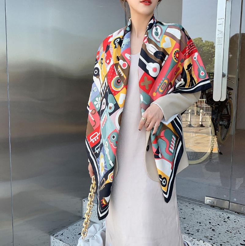 

Scarves Fashion Color Matching Wild Cartoon Anime Ladies Twill Decorative Scarf Silk Travel Shawl 130cm Large Square ScarfScarves