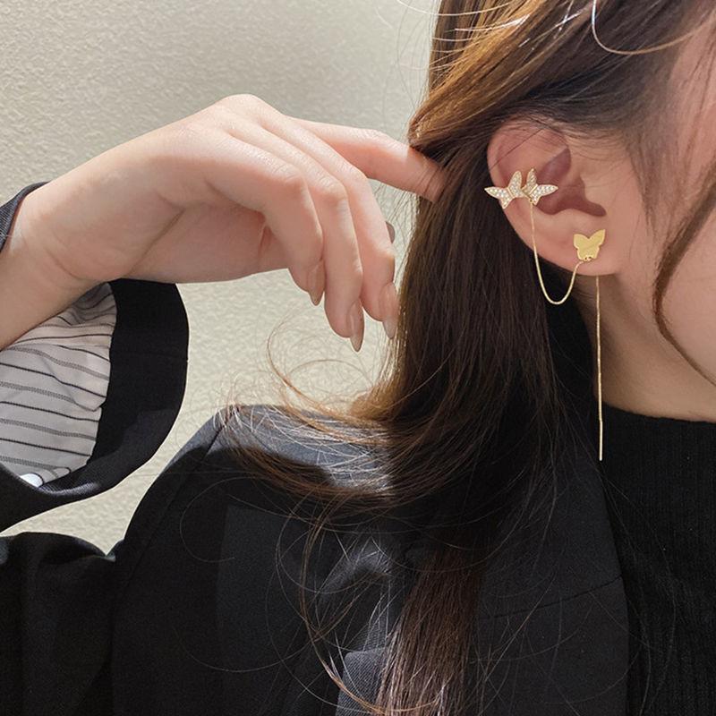 

Clip-on & Screw Back Korean Butterfly Earrings For Women Trendy Ear Clip Female Elegant Zircon Cuff Jewelry Long Tassel Earring