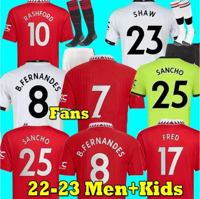 

22 23 adult kids kit soccer jersey set 2022 2023 SANCHO MANs UTDs VAN DE BEEK MANCHESTERs B. FERNANDES UNITEDS RASHFORD LINGARD football shirt kit, 22/23 away