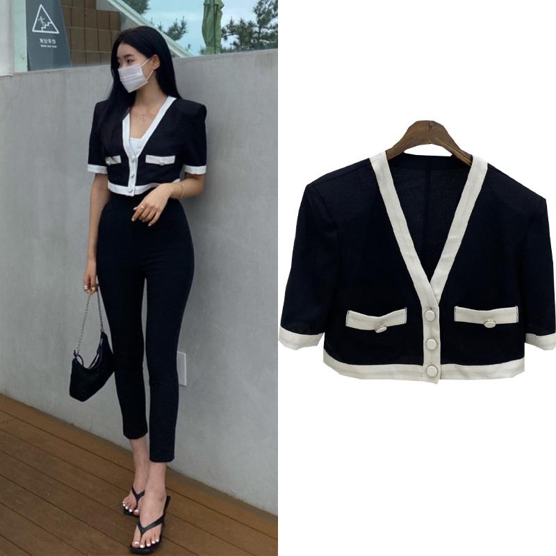 

Women's Jackets Chic South Korea Summer Retro Short Shirt Matching Color V Collar Sleeves Small Suit Jacket Female JacketWomen's, Black