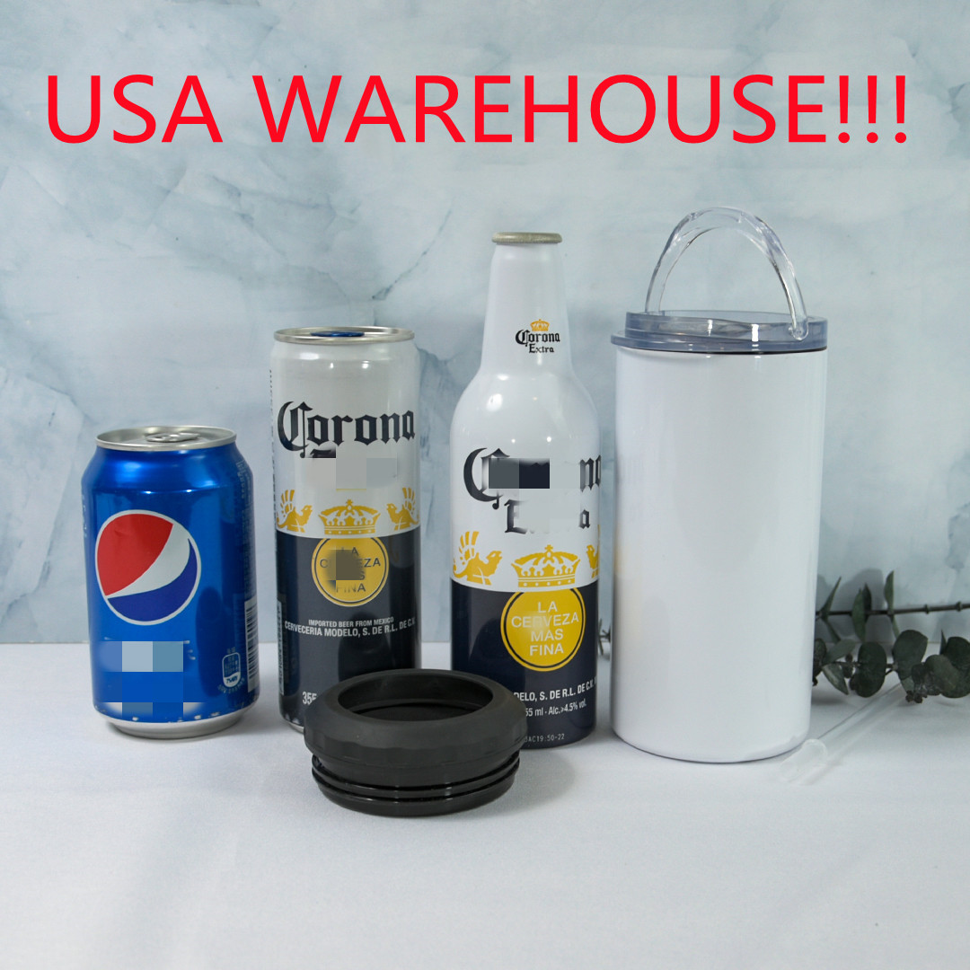 

local warehouse!!! sublimation 4 in 1 tumbler with 2 lids DIY blank cooler 16oz straight tumbler can cooler Stainless Steel mug beer cooler, White