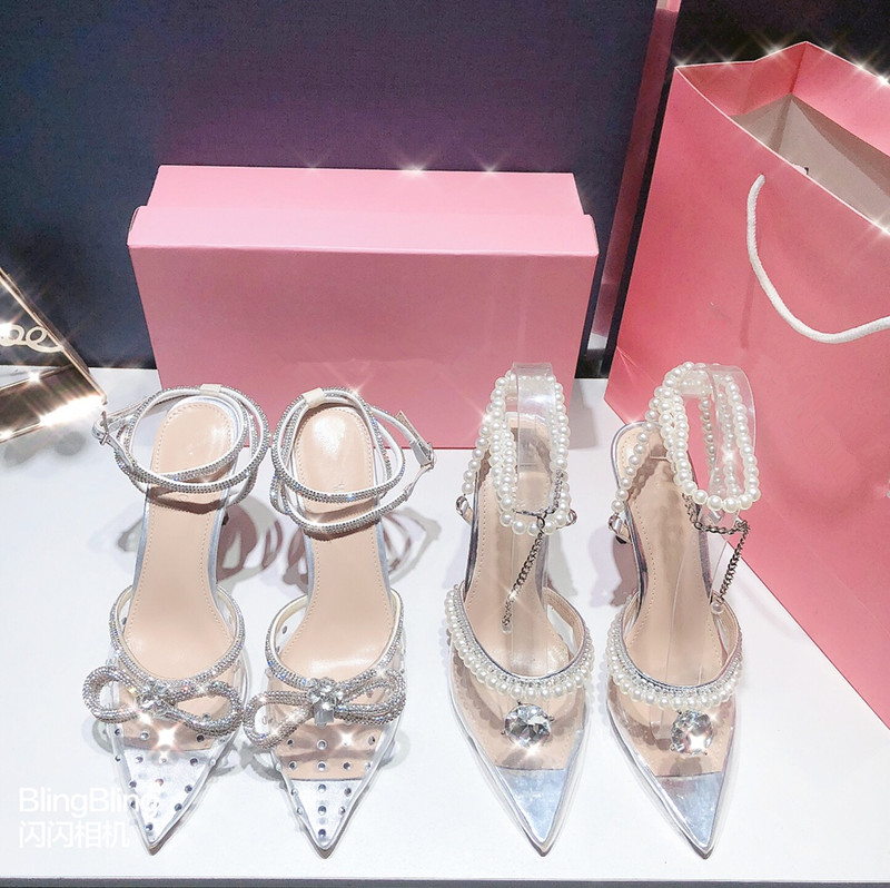 

MACH Rhinestone Women High Heel Sandals Transparent PVC Bow Banquet Wedding Vacation Ladies Crystal High Heels shoes with box 34-42
