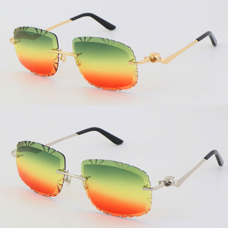 

Wholesale Leopard Series Rimless Diamond Cut Lens Sunglasses 18K Gold Frame Luxury Metal Cat Eye Male and Female Driving Sun Glasses Oval Ornamental Size:61-18-145MM