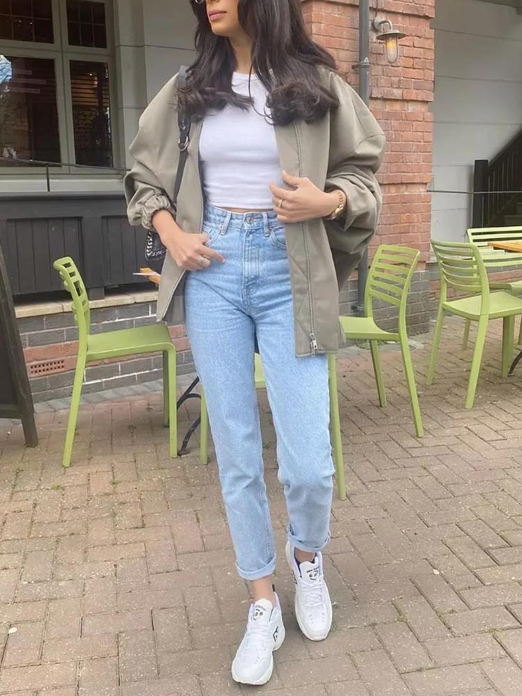 

Women' Jackets Female Clothing Fashion Crew Neck Loose Coat Long Sleeves Zipper Overcoat Chic TopsWomen, As picture