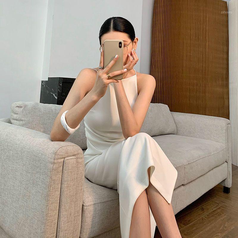 

Casual Dresses Solid Sleeveless Sling Dress 2022 Summer Korean Fashion Temperament Retro Sexy Slimming One-shoulder Split Bodycon Trend, Black