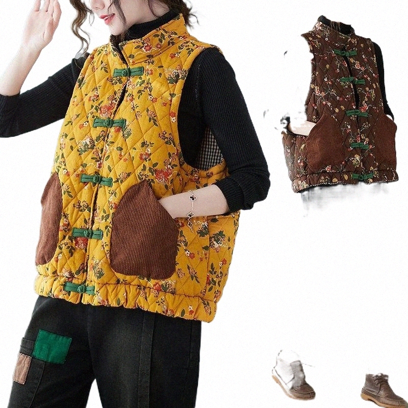 

women's Vests Fall Winter Printed Clothing Retro Loose Cotton Padded Jacket Qipao Vest Floral Chinese Style Coat Warm Leisure Waistcoat M128 A0FK#, Coffee