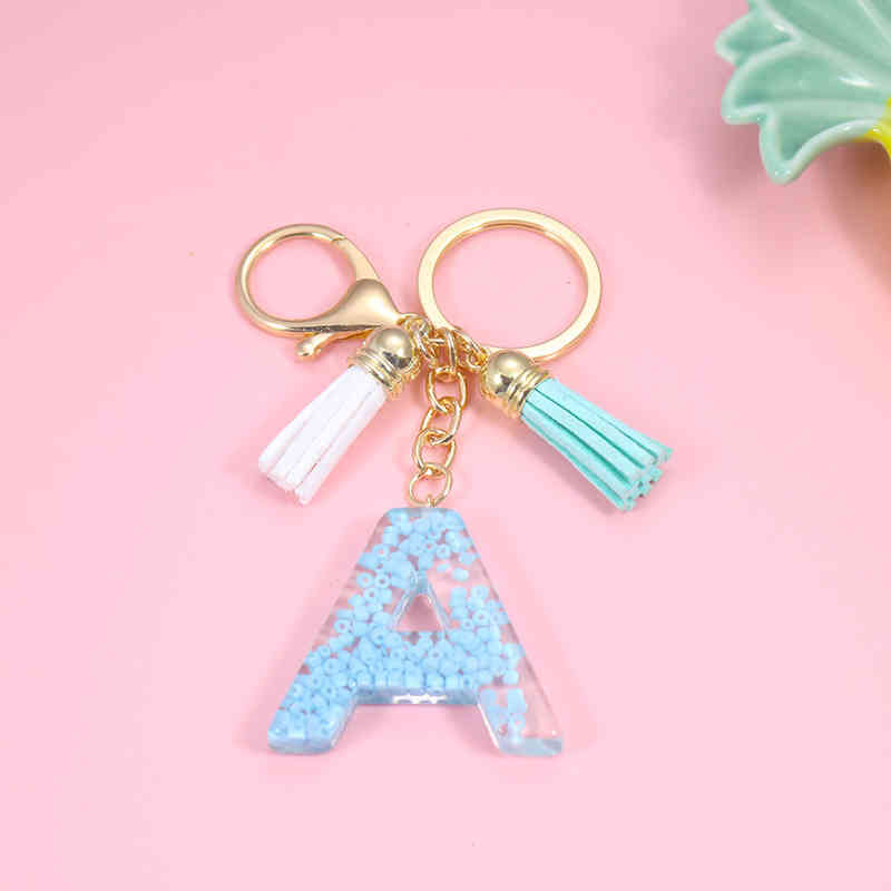 

blue rice bead letter keychain jewelry AB glue English letter tassel pendant