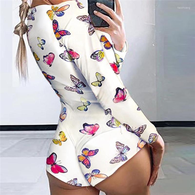 

Women' Jumpsuits & Rompers Sexy Women Romper Pajamas Long Sleeve V Neck Button Bodycon Stretch Leotard Butterfly Print Jumpsuit Sleepwear, Purple
